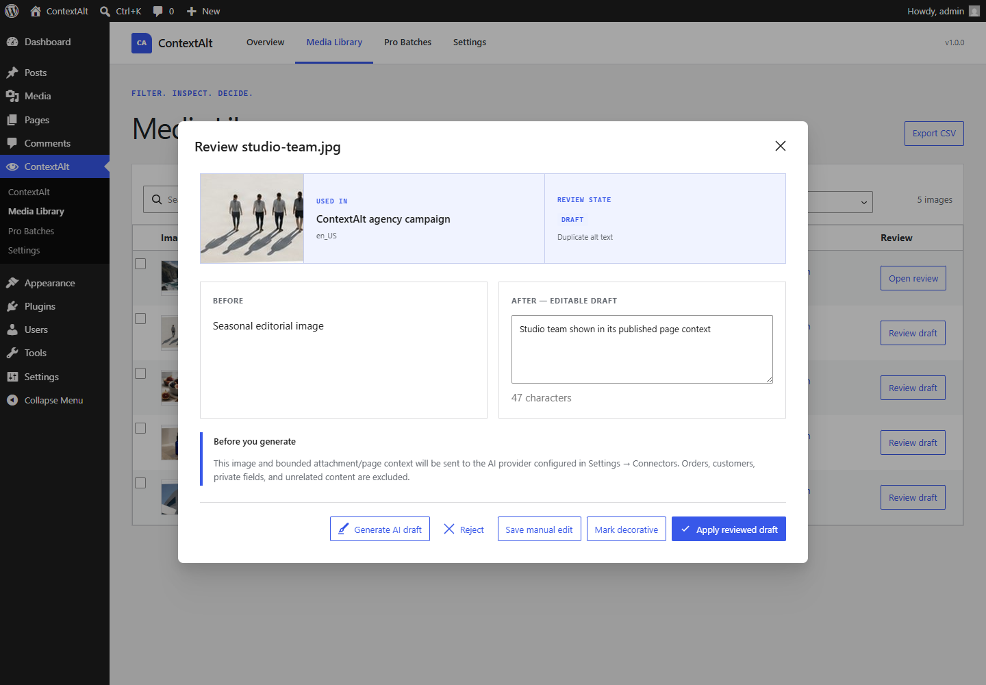 ContextAlt Media Library with a review drawer showing current alt text, an editable draft, page context, and explicit review actions