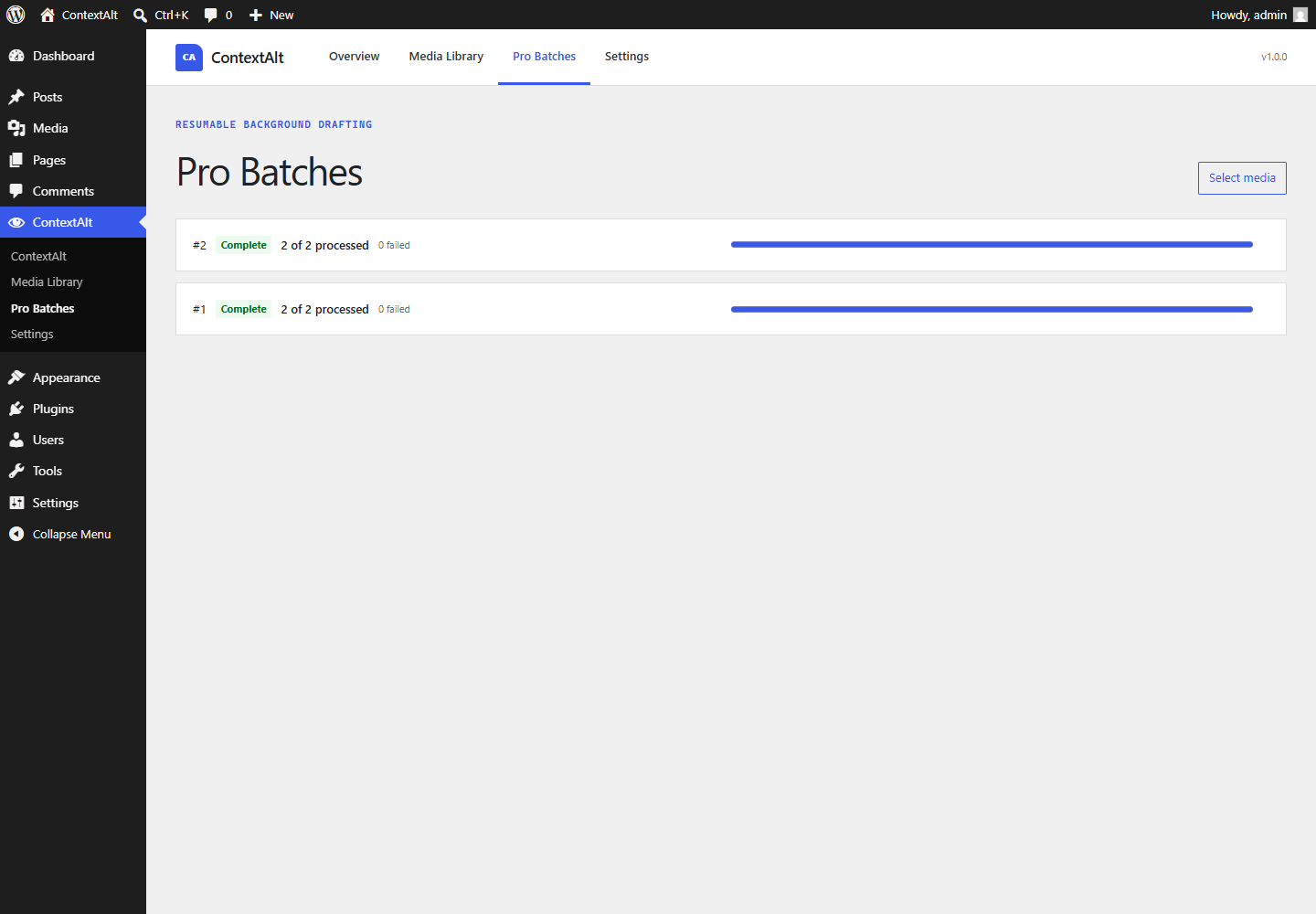 ContextAlt Pro Batches showing two completed resumable drafting batches